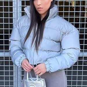 PrettyLittleThing Metallic Gray Puffer Jacket